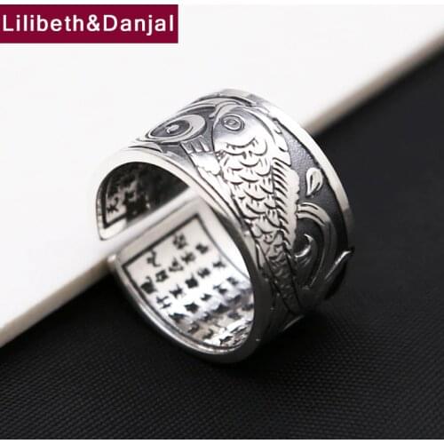 Buddha Men Opening Ring S999 Sterling Silver Jewelry Buddhist Heart Sutra Adjustable Ring Christmas gift Jewelry FR68