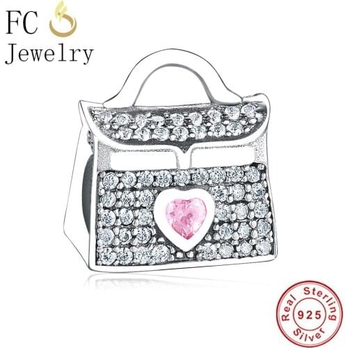 FC Jewelry Fit Original Brand Charm Bracelet 925 Sterling Silver Suitcase Bag Pink Reflexion Crystal Bead Girl Making Berloque