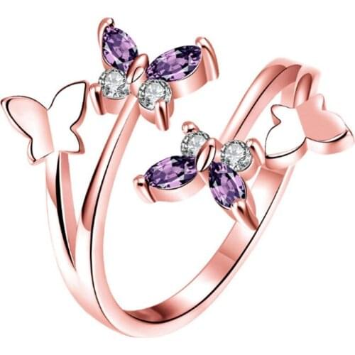FYJS Unique Rose Gold Color Butterfly with Cubic Zirconia Open Ring Engagement Jewelry
