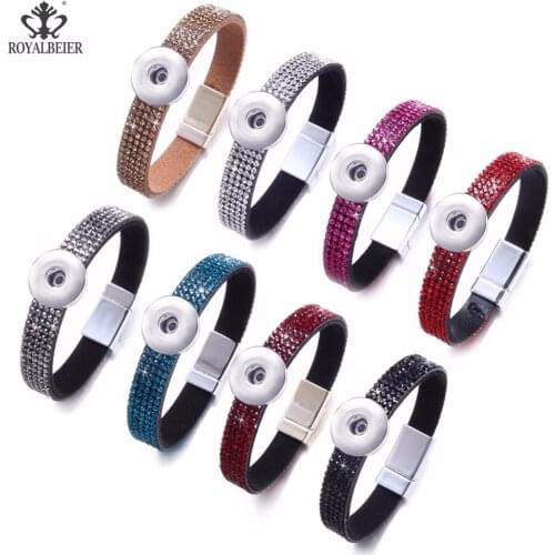 RoyalBeier 1pc Snap Leather Bracelet Metal Magnet Button 18mm Snap Button Bracelet Full With Rhinestone Bangle Leather Bracelets
