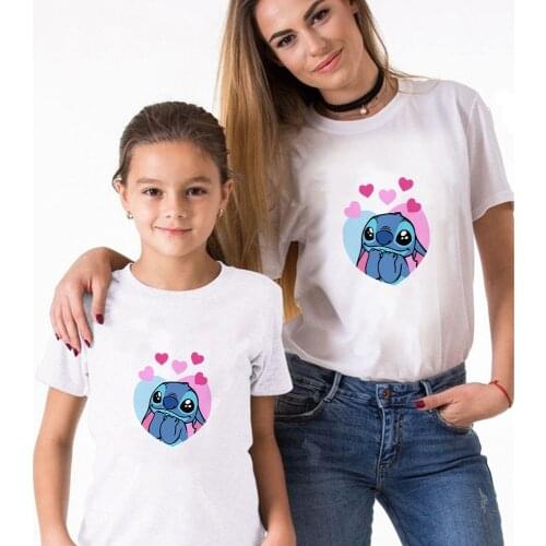 Summer Mommy and Me Clothes Stitch tshirt Fashion Woman Short Sleeve Man Top Cartoon Disney Twins Sisters Brother Tshirt