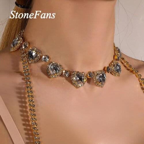 Stonefans Fashion Transparent Crystal Heart Choker Necklace for Women Double Rhinestone Chain Necklace Statement Collar Jewelry