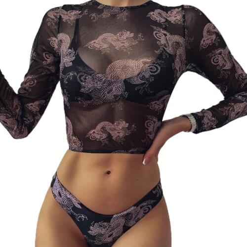 2021 New Printed Low Waist WomenS Swimsuit Mesh Blouse Split Bikinis Summer Triangle
