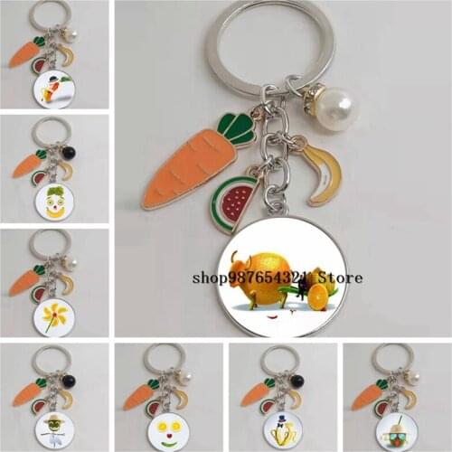 New Cartoon Humor Funny Fruit Round Photo Keychain Glass Cabochon Charm Keychain Car Bag Pendant Keychain Jewelry