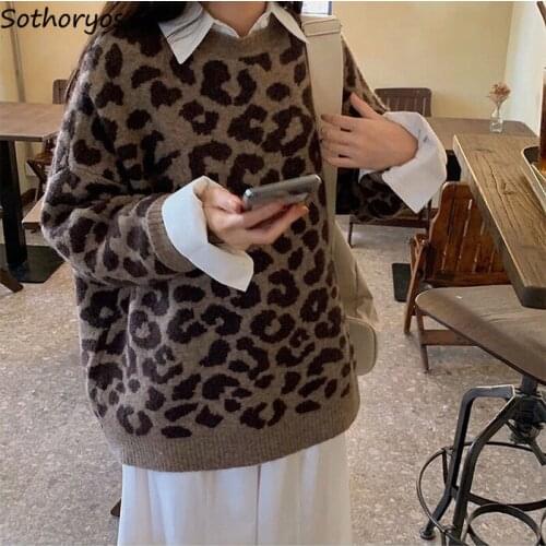 Women Leopard Pullovers Knitting Loose Harajuku Cool Girls Soft O-neck Trendy Slouchy Female Sweaters Teenagers High Quality Hot
