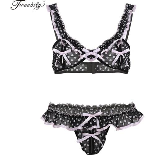 Gay Mens Sissy Lingerie Sexy Underwear Elastic Frilly Ruffled Spots Lingerie Set Bikini Bra Top + T-Back G-string Thong Panties