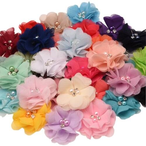 100PCS Chic Chiffon Sewing Flowers Boutique Hair Flowers Rhinestone Pearl Center Cute Hair Flower 6cm No Hair clips