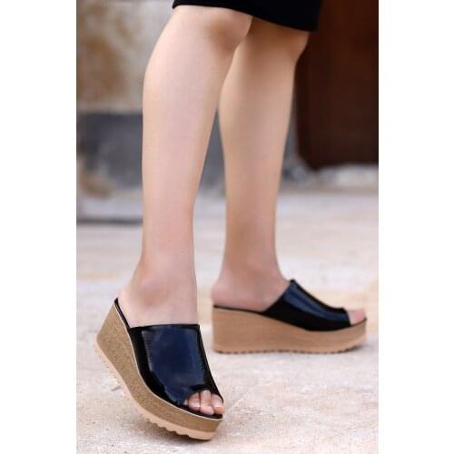 Woggo Pnt 351018 Wrinkled Patent Leather Daily 7 Cm Wedges Female slippers Womens Slippers Woman slippers