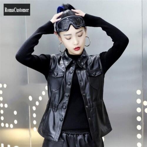 2021 Autumn Sheepskin Slim Sleeveless Genuine Leather Turn-Down Collar Vest Womens Short Black Elegant Fashion Vest Coat