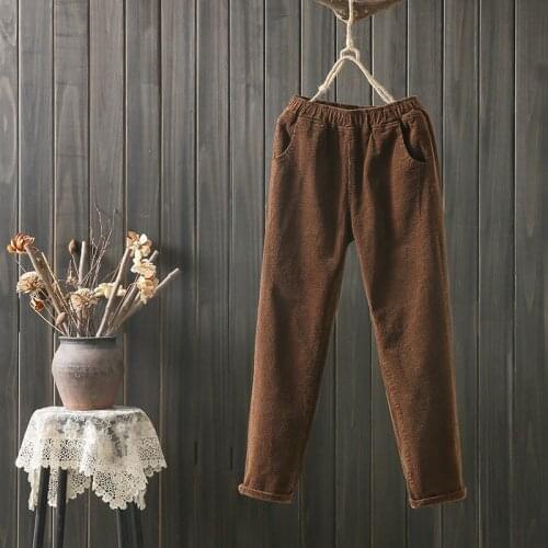 High quality cotton trousers women autumn winter pants retro art elastic waist solid color casual pants women loose harem pants
