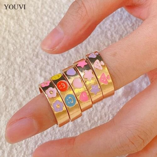 YOUVI Simple Round Circle Gold Color Finger Rings for Women Gilrls Bohemia Color Glaze Flower Heart Vintage Wedding Ring Jewelry