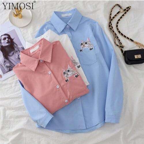2021 Spring Autumn Cute Plus Size Cat Embroidery Blouse Shirts Ladies Korean Long Sleeve White Shirts