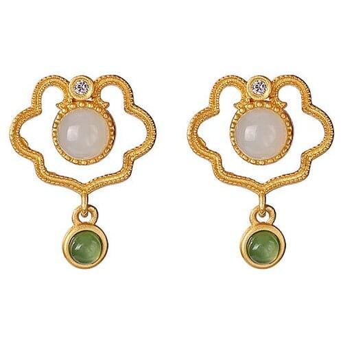 S925 pure gold plating Hetian jade Jasper Ear studs Retro Personality Hollow out Ruyi Ladies Eardrop earring