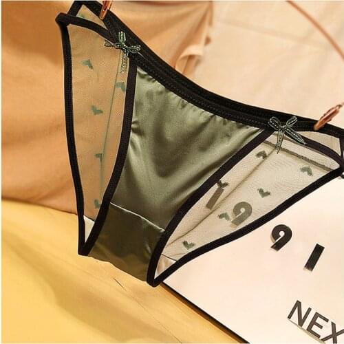 MINTA Sexy Satin Jacquard Mesh Panties Womens Underwear Transparent Sheer Lace Briefs Tangas Knickers Soft Shiny Satin Panty