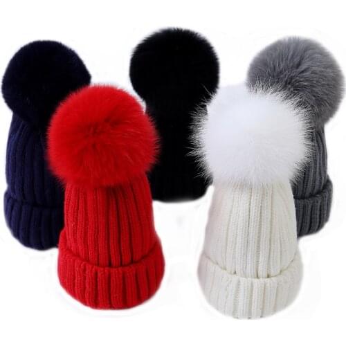 100% real fox hair ball knitted fur hats Real fur hat real big fox knit Ssangyong hat winter child, adult, couple Hat