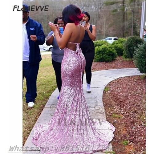 2021 Pink Glitter Evening Dress Mermaid Open Back South African Floor Length Evening Prom Party Gowns