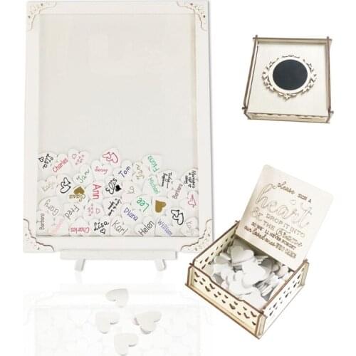 White Wooden Wedding Guest Book Picture Photo Frame Personalized Alternative Drop Top Sign Box with 100Pcs Hearts Rustic Party