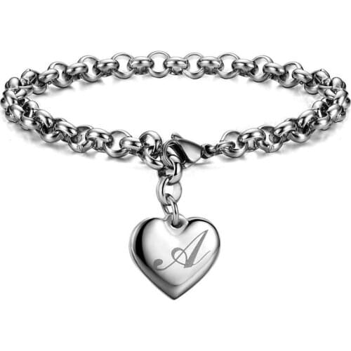 Initial Charm Bracelets Stainless Steel Heart 26 Letters Alphabet Link Bracelet Jewelry for Women