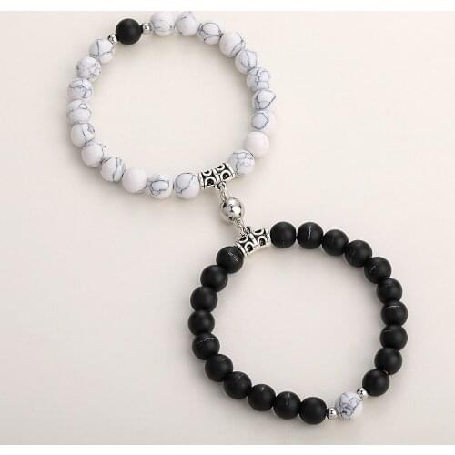 2Pcs Charm Beads Couple Bracelets Natural Rock Stone Magnet Attractive Yin Yang Symbol Wristlets for Women Men Jewelry Gift