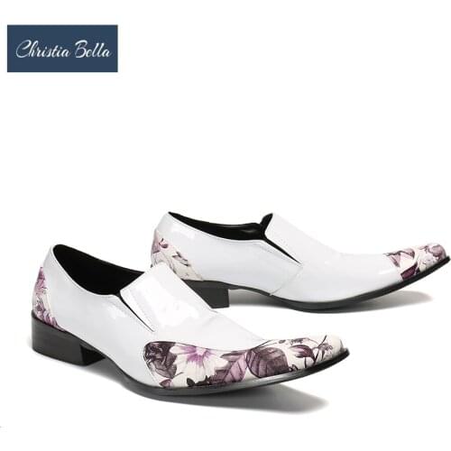 Christia Bella Chinese Style Floral Print Formal Men Shoes White Real Leather Dress Shoes Male Casual Business Leather Shoes