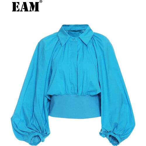 [EAM] Women Drawstring Blue Short Blouse New Lapel Long Puff Sleeve Loose Fit Shirt Fashion Tide Spring Autumn 2021 1DD3820