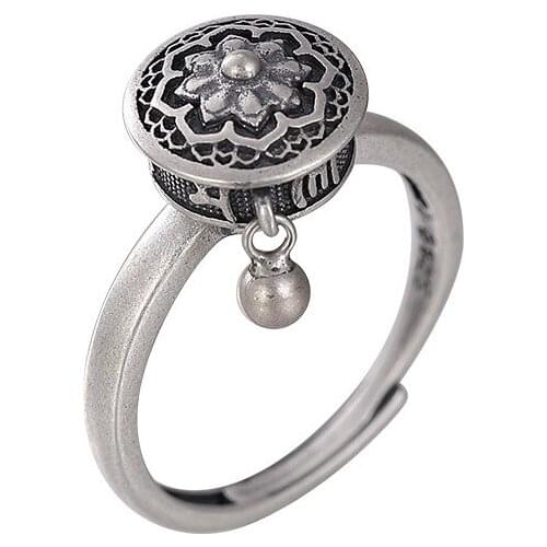 Hip hop 925 Sterling Silver Vintage Six word Open Cuff Finger Ring Thai Silver Lotus Jewelry Buddhism Tibetan Rings adjustable