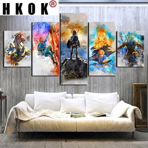 HKOK Canvas Paintings 5 Panels Zelda Gamer Anime Wall Art HD Posters Pictures Home Decor Accessories Living Room Decoration