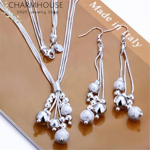 Charmhouse Silver 925 Jewelry Sets For Women Beads Long Tassel Pendant Necklace +Earrings 2 pcs Costume Jewelry Set Accessories