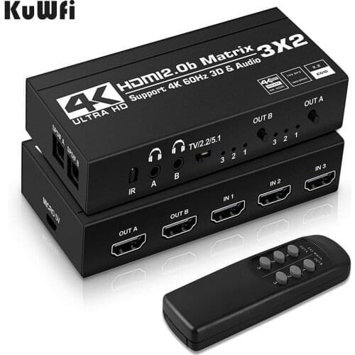 KuWFi 4K/60Hz 3D HD-MI Switch Remote 3x2 Switcher Dual Audio Extractor 2.0b Matrix Splitter for PS4/5 Xbox TV DVD HD player
