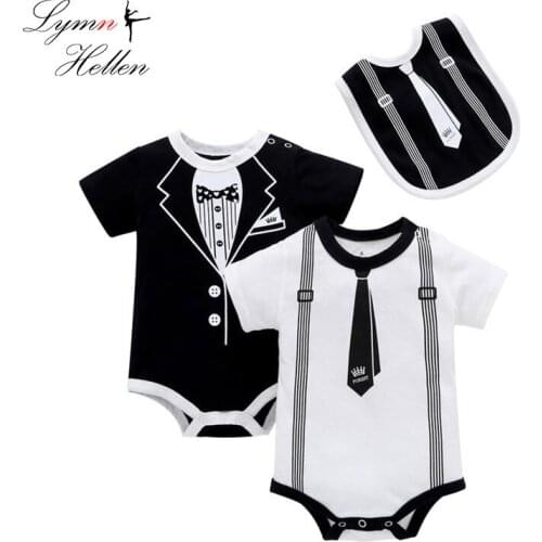 Summer Newborn Infant Baby Boy Girl Cotton Romper Black White Short Sleeve Gentleman Jumpsuit Kids Pajamas Climb Clothes Outfit