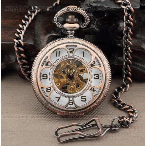 10pcs/lot Antique Steampunk Red Hollowed Skeleton Mechanical Pocket Watch Arabic numerals Dial with Chain Gift Collection