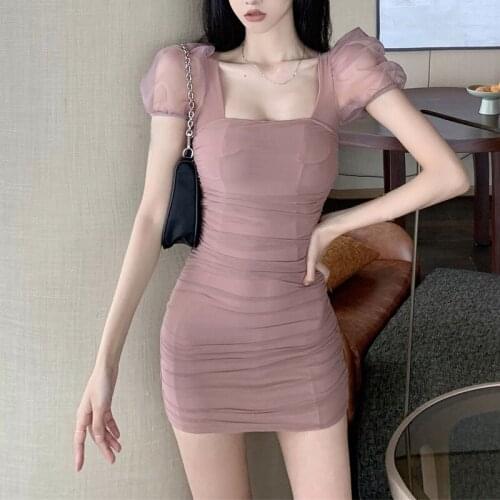 Mini Dresses Bodycon Women Summer new fashion square collar puff sleeve Mesh Wrap Dress