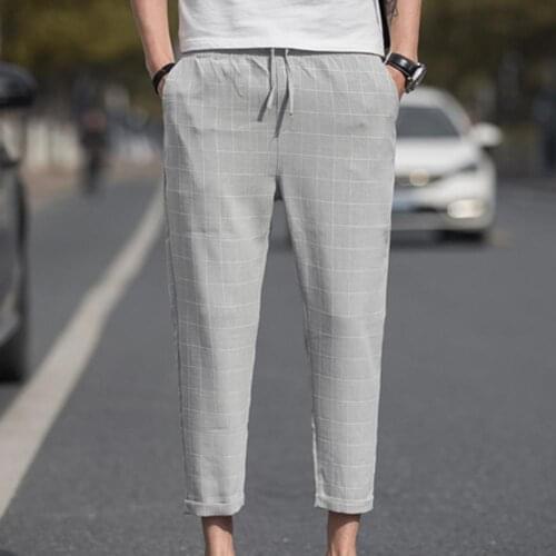 Plus Size Pants Men Plaid Drawstring Pocket Elastic Waist Pencil Trousers Casual Harem Pants Men Trousers M-5XL