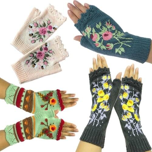 New Quality Handmade Knitted Womens Winter Gloves Autumn Flowers Fingerless Gloves Black Mittens Warm Woolen Embroidery Gloves