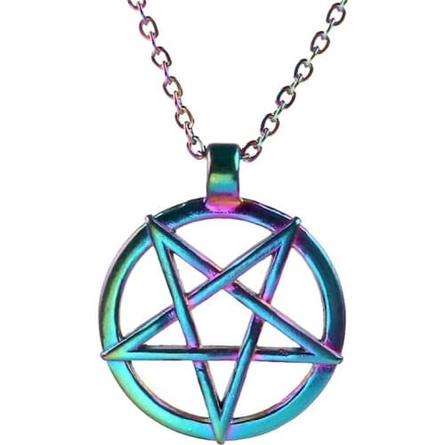 New Fashion Rainbow Pendant Star Pentagram Necklace Choker Round Charm 50cm Steel Chain Factory Price Handmade Jewelry 23603