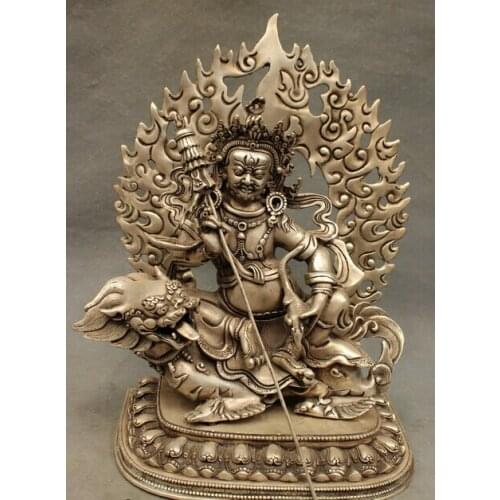 Wholesale factory 12" Tibet Buddhism Silver King of Wealth Jambhala Buddha Statue Ride Dragon Lion