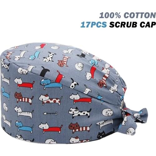 Clearance Scrubs Caps Adjustable 100% Cotton Cat Printing Nursing Hat Beauty Salon Pet Shop Working Accessories Scrub Cap Women