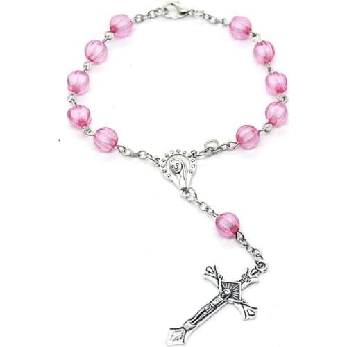 Pink Crystal Beads Rosaries Christian Catholic Religious Jesus Cross Baptism Bracelets for Women Church Confirmation Jewelry
