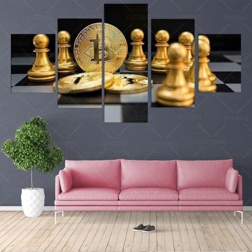 Modern Abstract Artwork Bitcoin Chess Board Gold Poster 5 Piece Canvas Wall Art Wall Décor Prints Paintings Room Decorations