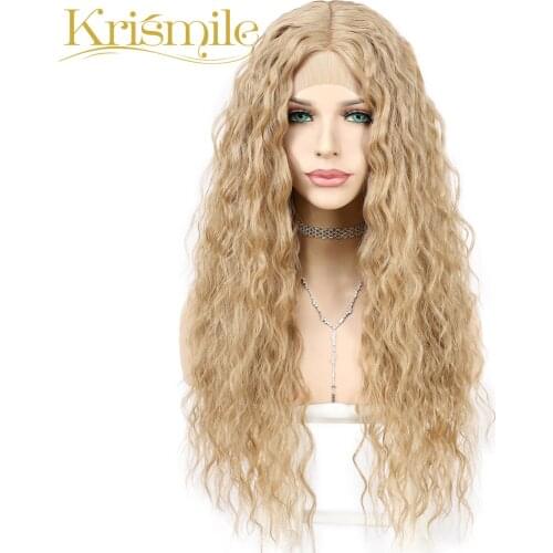 Krismile Synthetic Lace Wigs 103# Blonde Kinky Curly Long T-part Middle Parting High Temperature Hair for Women Daily Wear 26"