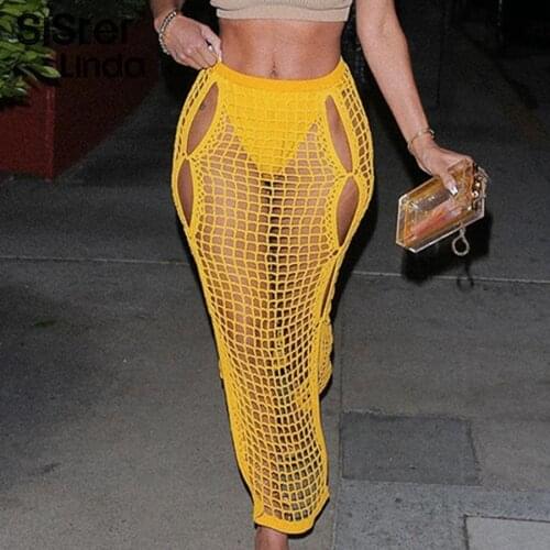 Sisterlinda Summer Fashion Hollow Knitting Sexy Long Skirt Women High Waist Casual Street Elastic Grid Party Club Skirt Outfits