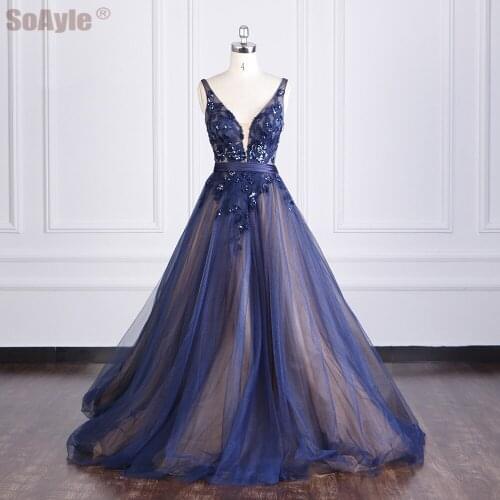 SoAyle Sexy Open Back Spaghetti Strap Evening Dress Deep V Neck Sequins Lace Appliques Formal Evening Dresses Vestidos de Fiesta