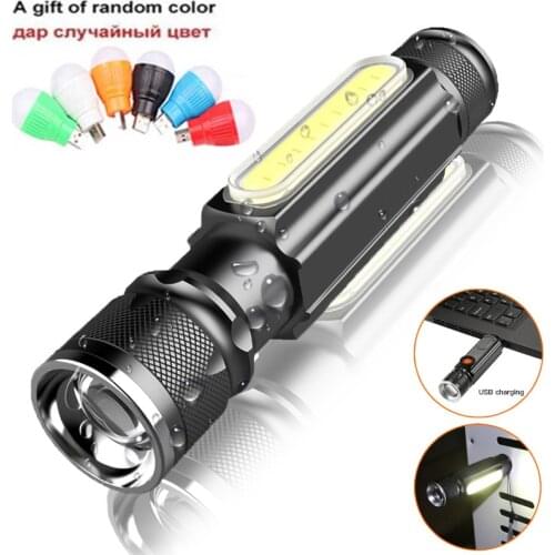 Built-in Battery LED Flashlight USB Rechargeable T6 COB Torch Zoom 5 Modes Flash Light Magnetic Attraction Waterproof Outdoor