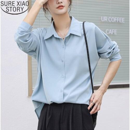 Women Long Sleeve Shirts New Simple Solid White Blue Shirt Loose Clothing Autumn Office Lady Casual Blusa Mujer Blouse 16862