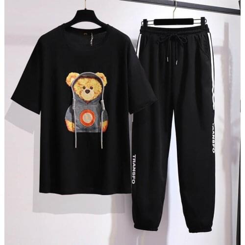 150Kg Plus size womens summer bear print t-shirt casual sports pants suit bust 157cm 6XL 7XL 8XL 9XL 10XL slim casual suit