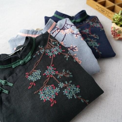 Spring Autumn New Arrival Women Loose Plus Size Chinese Style Buttons Embroidery Comfortable Water Washed Linen Dresses 3 Colors