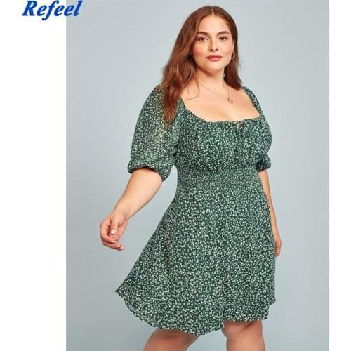 Spring Vintage long sleeve green floral print short loose plus size dress womens spring and summer mini dress maxi