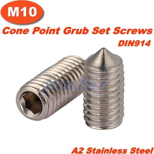 10pcs/lot M10(10mm) A2 Stainless Steel Cone Point Grub Hex Socket Set Screws DIN914