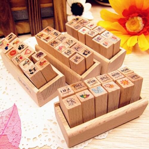 12Pcs/Set Cute Wooden Rubber Stamps with Box DIY Photo Album Scrapbooking Seals Stamps Handmade By Stamp Home Office Supplies