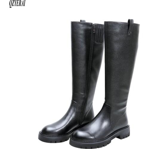 2021 Winter New style Genuine leather Knee high boots Women boots Motorcycle boots outdoor warm Real cowhide Women shoes